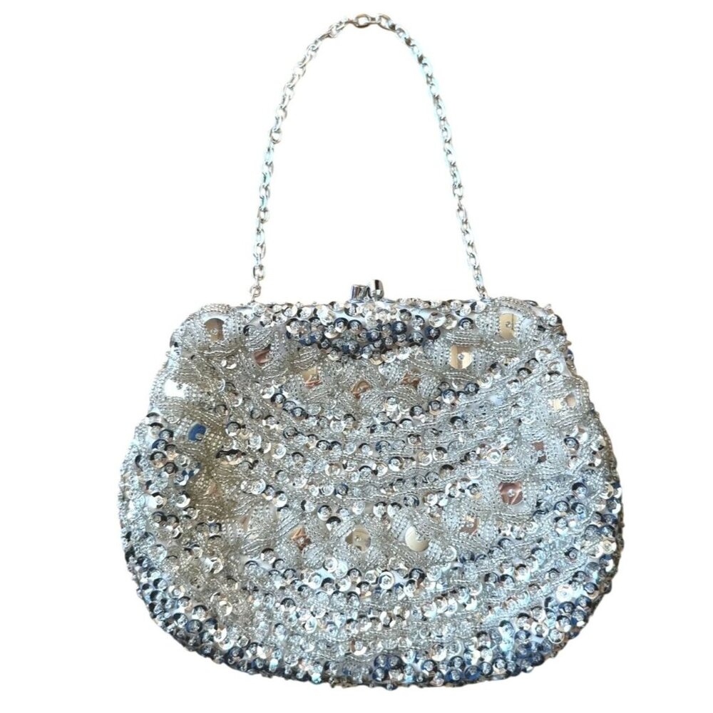 Vintage Handmade Silver Beaded Evening Bag Clutch Kiss Lock with Optional Chain